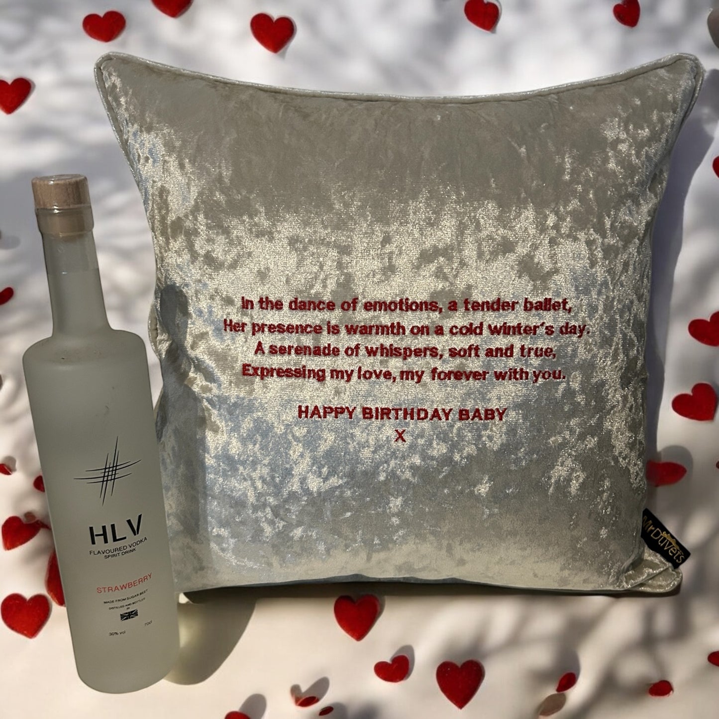 Happy Birthday Custom Embroidered Message Champagne Cushion Gift Set