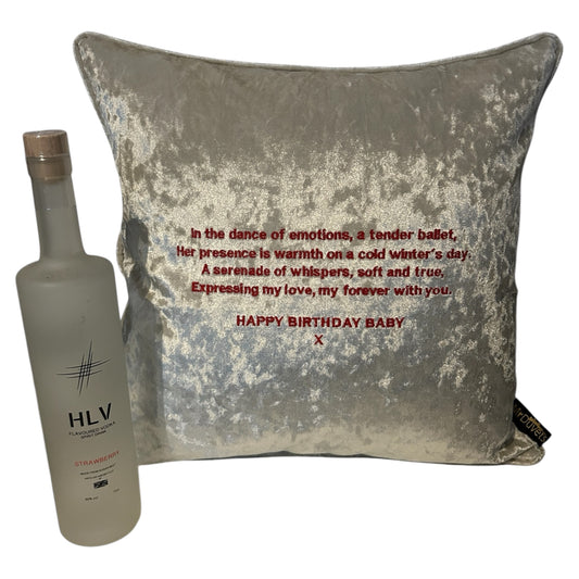 Happy Birthday Custom Embroidered Message Champagne Cushion Gift Set