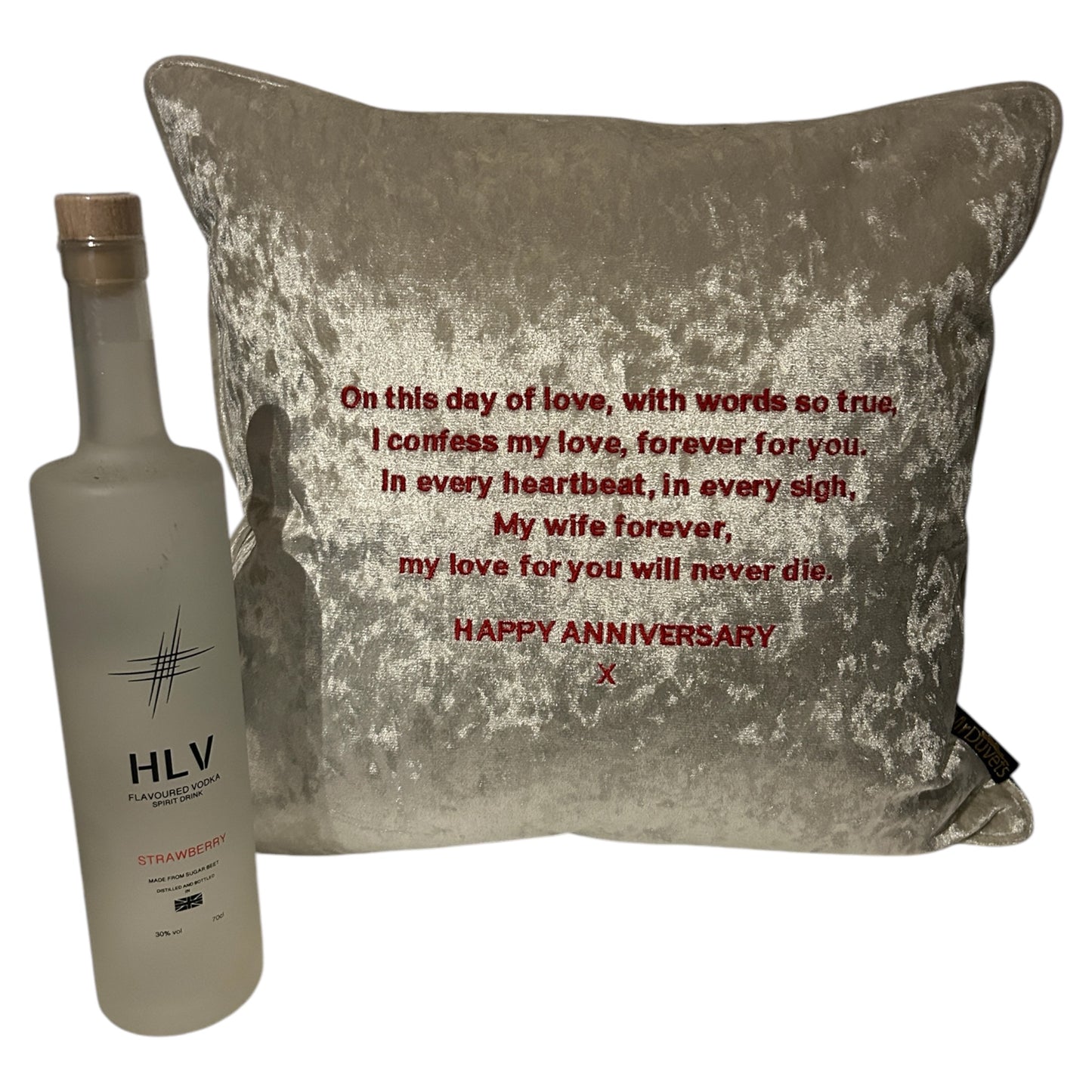 Happy Anniversary Custom Embroidered Message Cream Cushion Gift Set